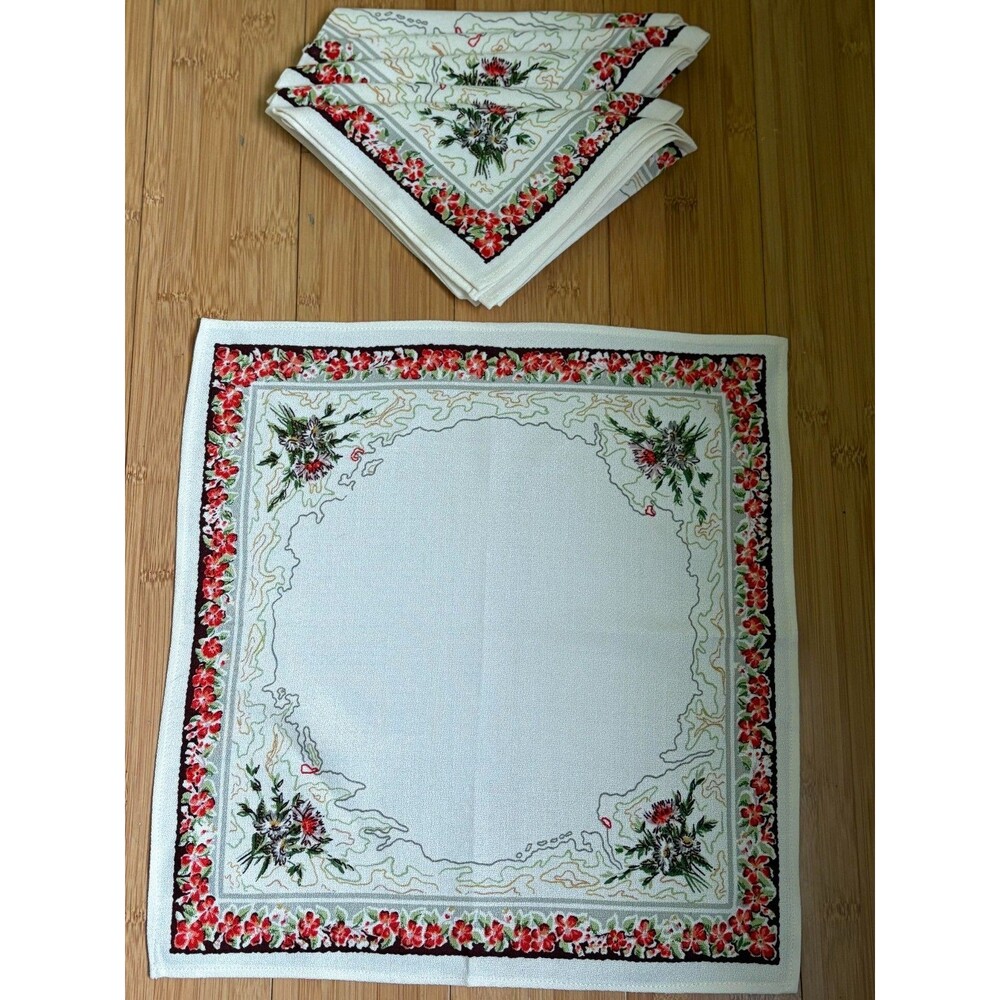 Vintage Set of 6 Square Floral Red Flowers Napkins 15" x 14"